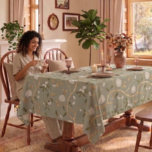Image of Urban Space 100% Cotton Dining Table Cover for 6 Seater, Gold Foil Printed Cotton Table Cloth for Center Table, Dining Room Table Cover (Size 48 inch x 92 inch - 6 Seater, Zari Baagh Sage Green Gold)