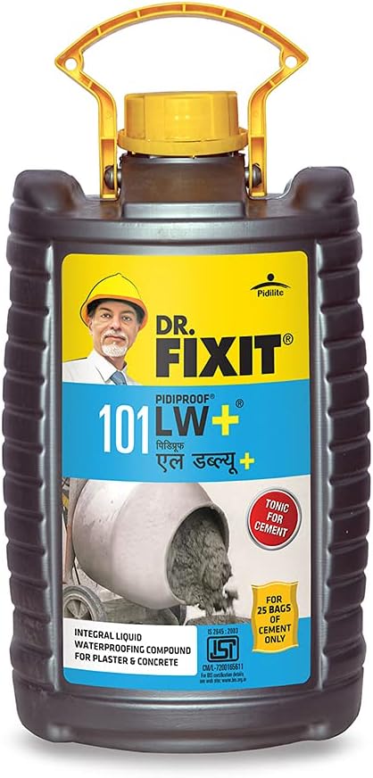 DR. FIXIT PIDIPROOF LW+, 5 litre, Cement Tonic, Integral Liquid Waterproofing Compound for Concrete and Plaster, Reduces Shrinkage Crack Development(200ml for 1 Cement Bag)