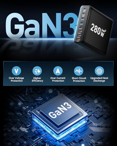 280W USB C Charger Block, 8-Port USB C Charging Station GaN III PD 65W Laptop Charger Adapter Compatible with MacBookPro/Air,DELL,iPad,Portable Charging Station for iPhone,Samsung Galaxy (Black)