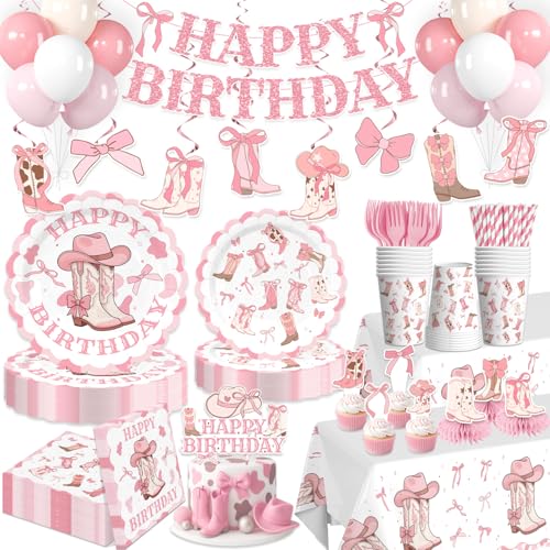Xynic 213pcs Boots and Bows Party Decorations Convenient Paper Tableware Set Includes 50pcs 350gsm Plates 24pcs Cupcake Toppers and 2 Pcs Tablecloths Cowgirl Birthday Party Decorations for Girl