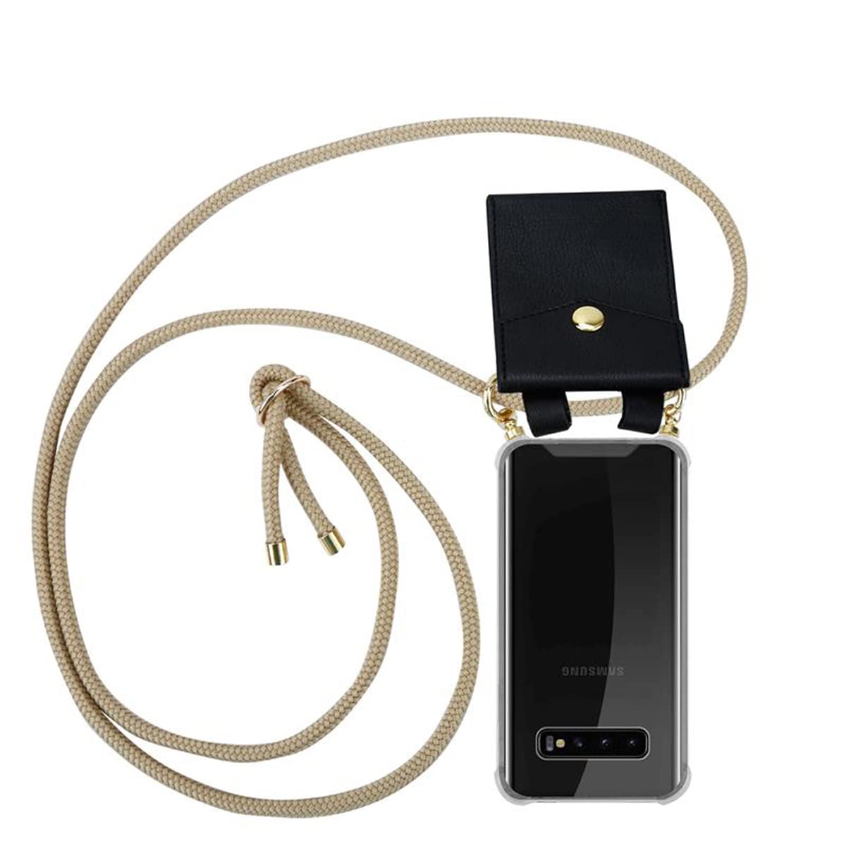 cadorabo Necklace Case works with Samsung Galaxy S10 in SHINY BROWN - Transparent TPU Silicone Cover with Golden Rings, Sling Strap and Removable Etui