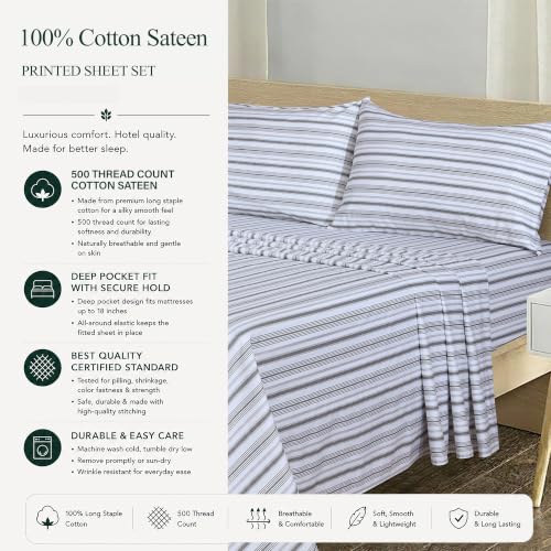 Image of Feather & Stitch Printed 500 TC Split King Size Sheet Set, 5 Piece Bed Sheets Set, 2 Twin Fitted Sheet, 1 King Flat Sheet & 2 King Pillowcases, 18 inch Deep Pockets Sateen Weave - Grey Stripe Print