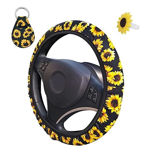 AFUNTA Funda para volante de girasol, funda para volante y llavero y ambientador para mujer, accesorios para coche