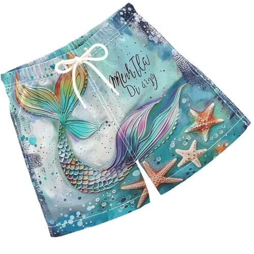 Pigsaly Boys Swim Trunks Blue Mermaid Tail Painting Seashell Starfish Boys Board Shorts Swimsuit Swimwear Bathing Suit S