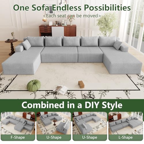 Image of 160 inch Modular Sectional Sleeper Sofa, Boneless Cloud Couch for Living Room, U Shaped 3 Seat Sofa with Deep Seat, Free Combination, Couch in a Box, No Assembly Required (Light Grey)