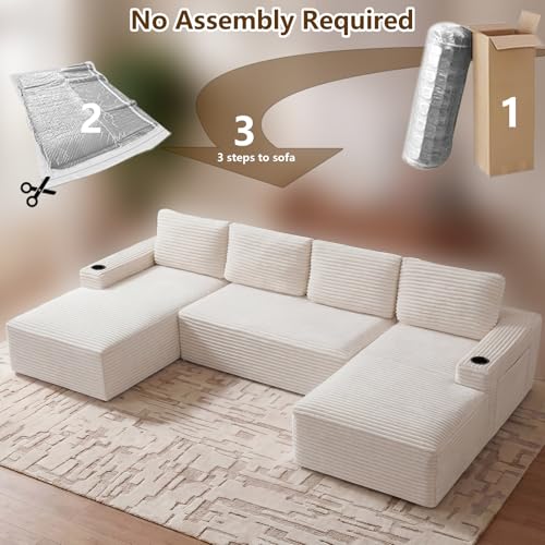 Image of 133 inch U-Shape Cloud Couch, Modern Modular Sectional U-Shape Sofa, Corduroy Boneless Couch Upholstered Couches Deep Seat Sleeper Chaise Longue for Living Room, No Assembly Required,White