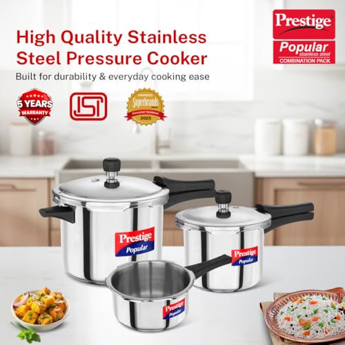 Image of Prestige Popular Stainless Steel Outer Lid Pressure Cooker Combo Pack (2+3+5 Litres)