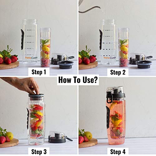 InstaCuppa Tritan Fruit Infuser Water Bottle, Infusion Unit, Recipes Ebook, Sleeve, 1000 ml, Set of 1, Black.