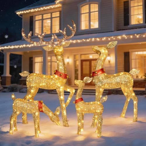 Christmas Deer Outdoor Decorations - 4 Piece 3D Lighted Deer Fami...