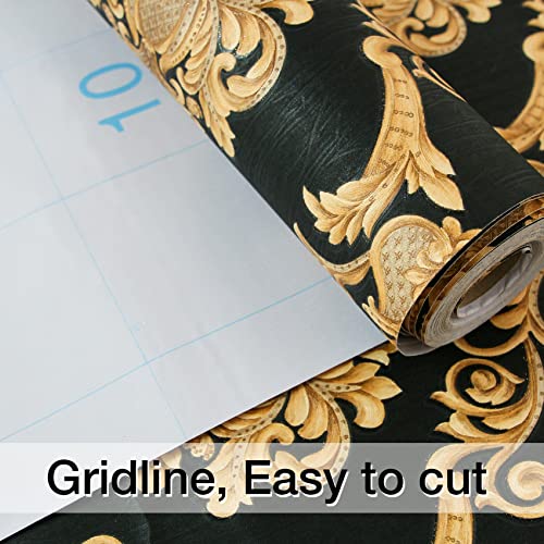 Torc Black Gold Damask Wallpaper Peel And Stick 20.8 In X 32.8 Ft, Self Adhensive Victorian Contact Paper Removable Waterproof #TOP2