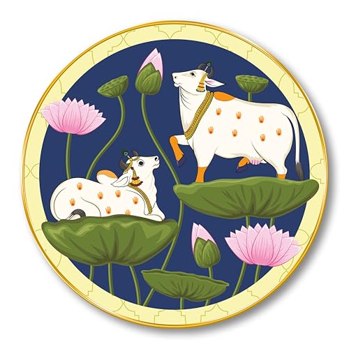 Image of SAF Round Kamdhenu Cow with Lotus Wall Painting - Golden Frame | Traditional Indian Art | Spiritual Wall Decor for Living Room Temple Pooja Room Office