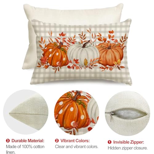 Image of Fall Pillow Cover 12x20 Inch Pumpkin Buffalo Pliad Dots Fall Pillows Maple Leaves Decor Autumn Thanksgiving Decorative Farmhouse Cushion Case for Sofa Couch (Gray)
