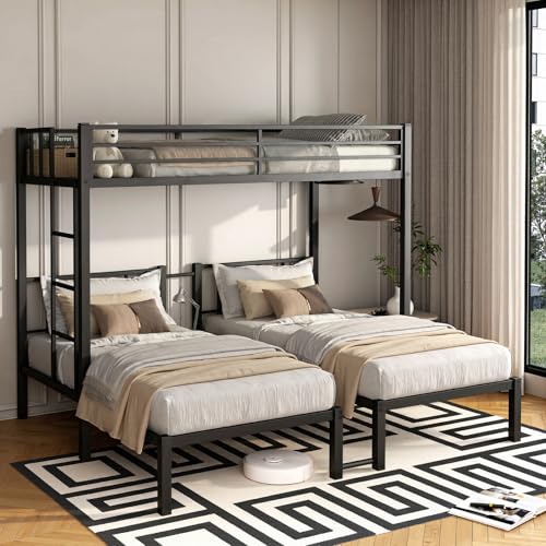 HKOLIE Heavy Duty Triple Bunk Bed for 3 Twin Over Twin Over Twins with Guardrails and Ladder Metal Bunk Bed 3 Bed Teens and Adults No Box Spring Needed (Black)