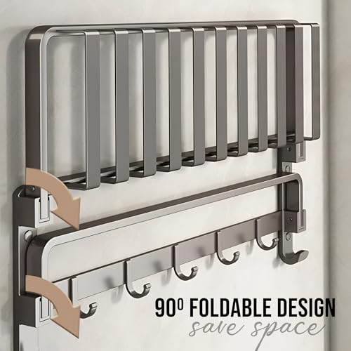 Image of iBELL 59 cm (23.2-Inch) Stainless Steel Folding Bathroom Towel Holder | Towel Rack for BathroomTowel Stand with Shelf - Matt Black | Corrosion Resistant, Anti-Peel and Scratch Resistant |