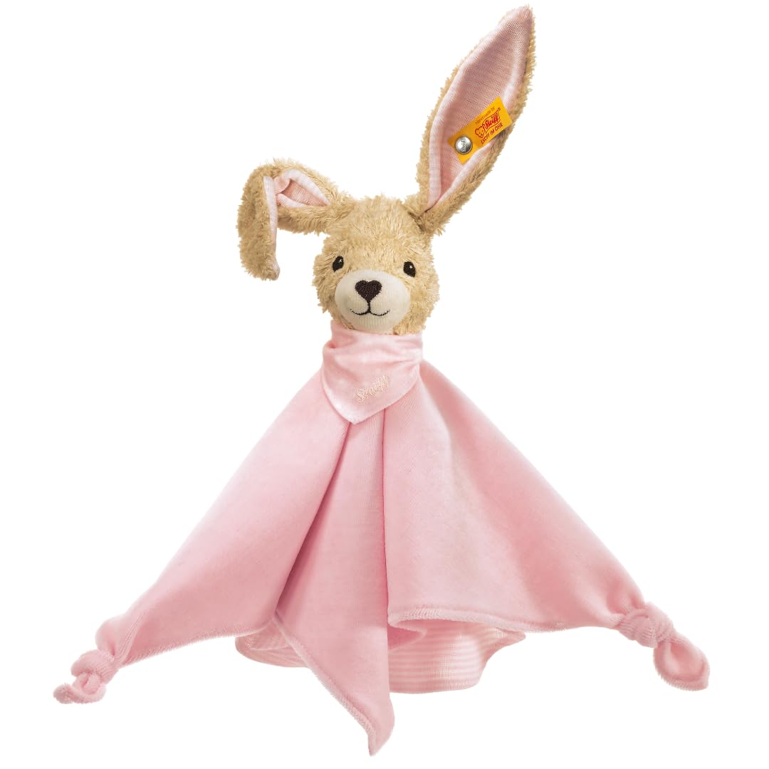 Steiff Hoppie Rabbit cuddly blanket, cute stuffed toy, boys, girls & babies from 0 months, toy 28 cm, pink, 237546