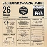 Photo Gallery sechsundzwanzig jahre das gästebuch: zum 26 geburtstag / geburtsjahr 1996 / zeitung design mit ereignissen im jahre 96 / geschenk und geburtstagsdeko / platz für glückwünsche und fotos Photo Gallery sechsundzwanzig jahre das gästebuch: zum 26 geburtstag / geburtsjahr 1996 / zeitung design mit ereignissen im jahre 96 / geschenk und geburtstagsdeko / platz für glückwünsche und fotos