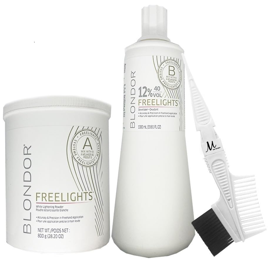 Blondor Freelights White Lightening Powder 28.2 Oz, Blondor Freelights Developer 12% 40 Volume and M Hair Designs Tint Brush Comb (Bundle)