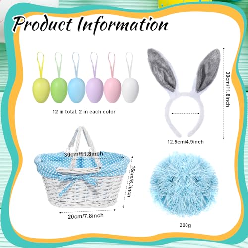 Image of SiliFine Easter Bunny Gift Basket Set Include Wicker Basket with Liner Gingham, Easter Bunny Headband, Easter Eggs, Raffia Paper Grass, Easter Gift for Party Favor Decoration(Blue)