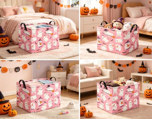 Image of Halloween Basket Cute Baskets for Kids Pumpkin Basket Rectangular Storage Bin Organizer Box Room Decor(Pink Magic Ghost)