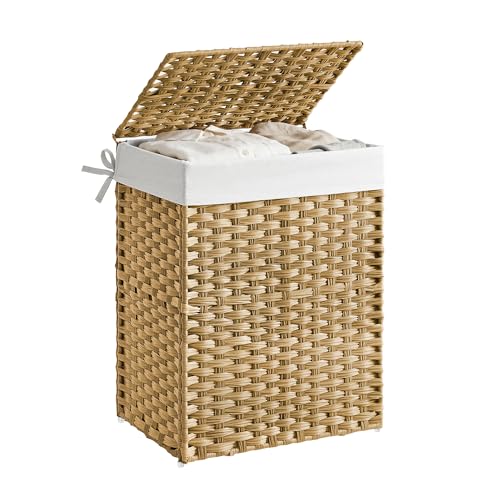 SONGMICS Laundry Basket 90L Synthetic Rattan Storage Basket with Lid and Handles Wicker Foldable Removable Liners for Blankets Clothes Living Room Bedroom Laundry Room Natural Colour LCB51NL