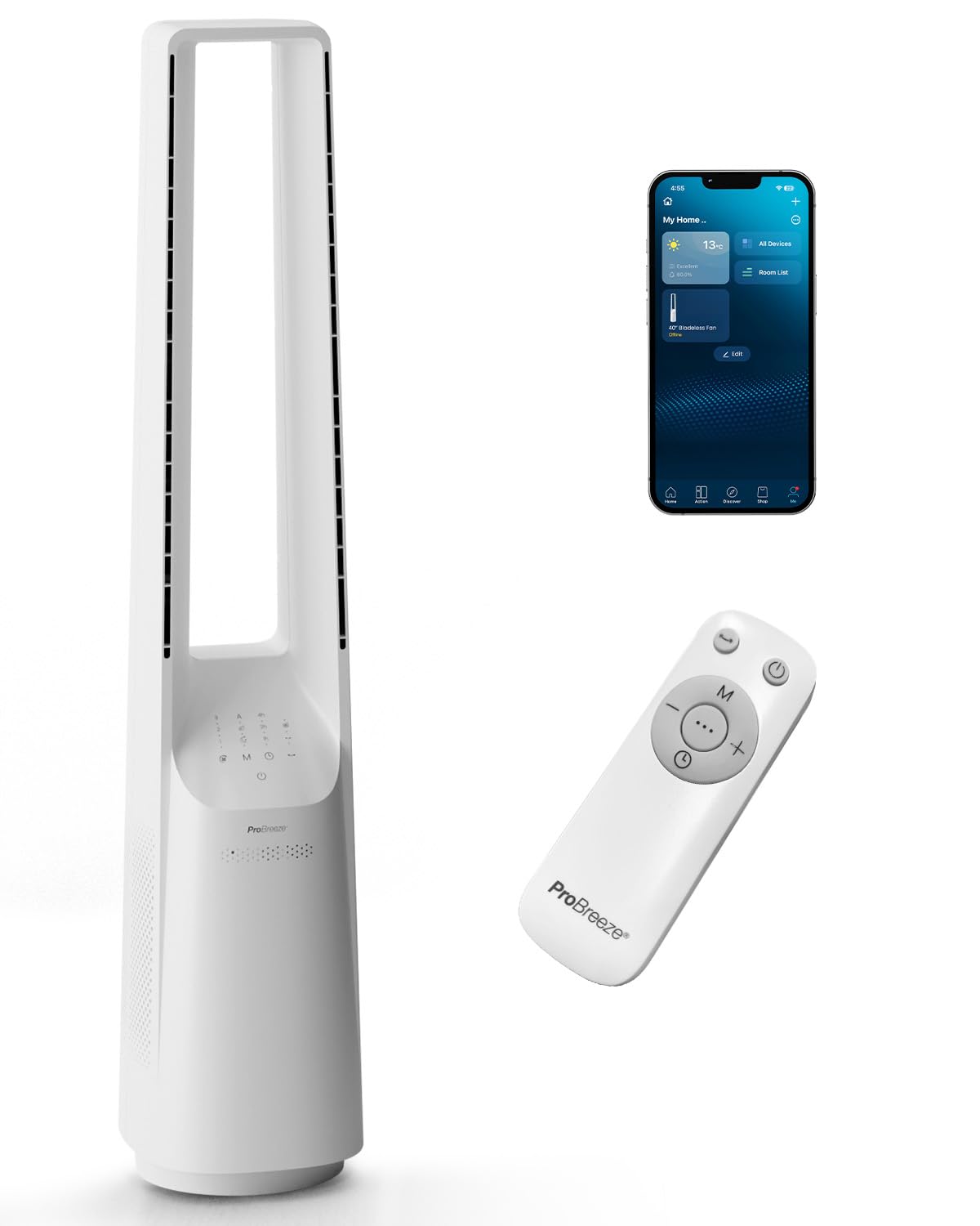 Pro Breeze Ventilateur Colonne Sans Pale - Ventilateur Tour Intelligent 101 cm - WiFi - Ultra silencieux avec Télécommande, Ecran LED, 6 Vitesses, 5 Modes et Oscillation à 60°
