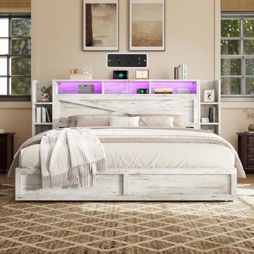 Image of AMERLIFE 45'' Farmhouse King Bed Frame with Headboard & Storage, White