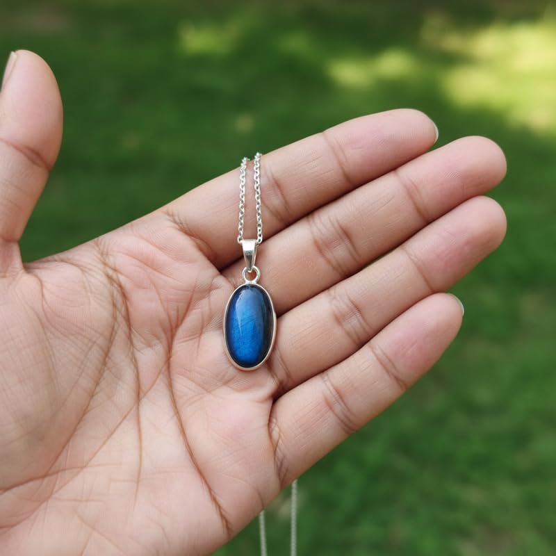 Collier quartz bleu naturel pendentif pierre ovale facettes avec chaîne 45 cm