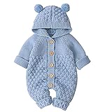 LZH Baby Strampler Mit Kapuze Gestrickter Neugeborenen Body Mädchen Jungen Onesies Warmer Pullover Overall Outfits,Blau,6-12 Monate