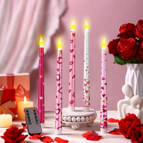 Image of Aurelema 5 Pcs Valentines Day LED Flameless Candle Set Valentine Day Flameless Taper Candles with Heart Battery Operated Seasonal Celebration with Remote for Wedding Romantic Night