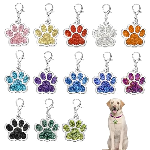 13 Piezas Chapa Perro Grabada en Forma de Pata con Purpurina, Placa Perro Personalizada para Perros y Gatos Pequeños y Medianos, Tamaño, Chapa Identificativa Perro y Gato