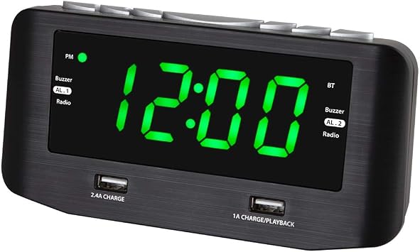 HANNLOMAX HX-146CR Alarm Clock Radio, PLL FM Radio, Dual Alarm, 1.2" Green LED Display, Bluetooth, 1 USB Port for 2.4A Charging and 1 USB Port 1A Charging/MP3 Playback Black