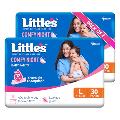 Image of Little's Baby Diapers L Size (Large) Pants Style | 9-14 kg | 60 Count | Comfy Nights Baby Diaper Pants with Leakage Guard & Upto 12 Hours Absorption (30 Count, Pack of 12)