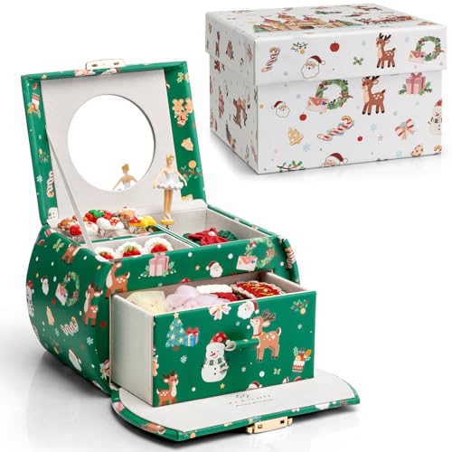 Vlando Christmas Gifts, Girls Jewellery Box with Ballerina, Music Box with Gift Box, for Kids, Childrens, Womens (Christmas Printed-Green) C.green