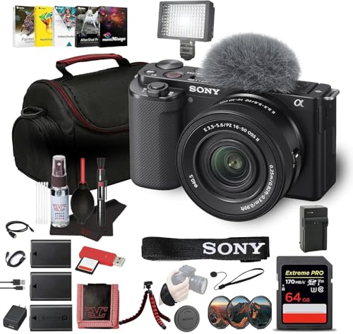 Sony ZV-E10 Mirrorless Camera Kit with 16-50mm II Power Zoom Lens (Black) | APS-C Sensor | Compact Creator Tool + 64GB Card + Filter Kit + Photo Software + Bag + 2 x NPF-W50 Battery + More