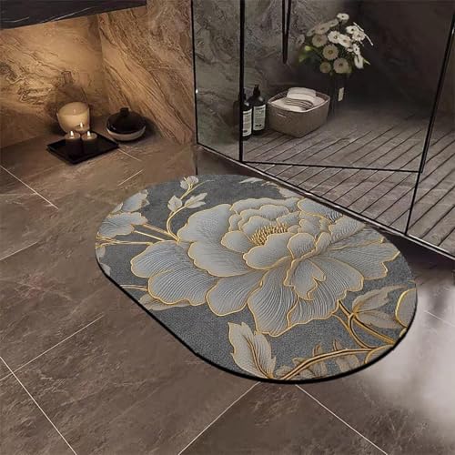 Tapis de bain en diatomite gris fleurs 60x90cm