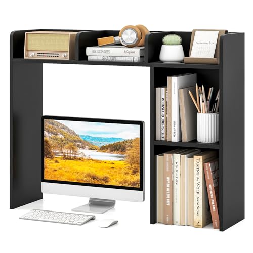 Image of Tangkula Desktop Bookshelf, Countertop Storage Hutch with Shelves for Computer Desk, Desk 3-Tier Display Rack, Multipurpose Wood Desktop Hutch Storage Organizer for Dorm Office (Black,5 Shelves)