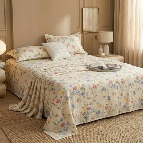Image of BSB HOME Cloud Cotton King Size bedsheet | Flatsheet Summer Sheet with Two Pillow Covers | Super Soft Bed Sheet for King Size Bed Durable| Floral Design (270 x 250 cm, Off White & Vintage Blue)