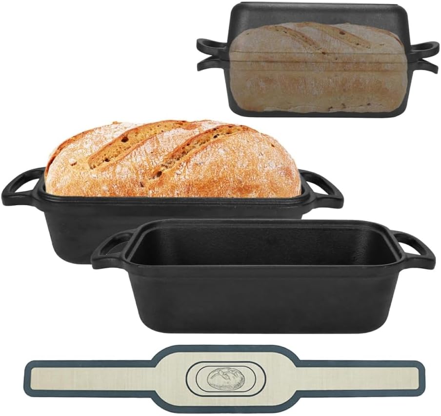 Cast Iron Loaf Pan with Lid | Bread Baking Pans | Even Heat Distribution for Homemade Bread, Cake, Meatloaf | 2 Piece Set with 2 Bonus Bread Mats