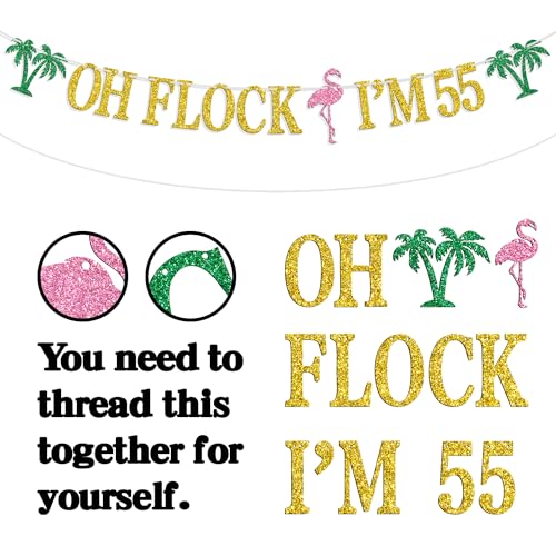 Image of Oh Flock I'm 55 Banner, Glitter Happy 55th Birthday Anniversary Party Decorations, Pineapple Party Decor, Hawaiian Luau Tropical Aloha 55 Theme Party Photo Props