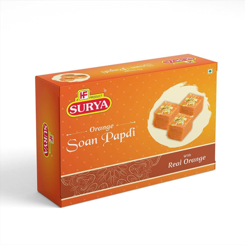 SURYA 200gm Orange Soan Papdi | Ready to Eat Mithai | Indian Sweet | Orange Flavored | Sonpapdi