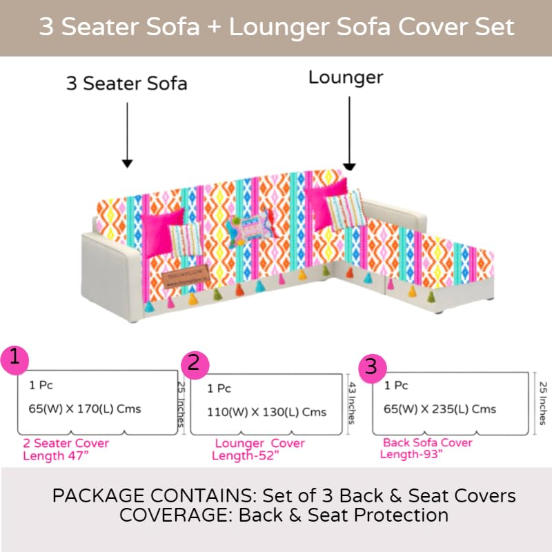 Image of Rainbow Aztech Tassel Sofa Cover: Thick Fabric, Scratch & Shrink Resistant: Seat & Front Back Protection -Set of 2 Seat Covers & Single Back Cover- L Shape Sectional (3 Seater + 2 Seater Lounger)
