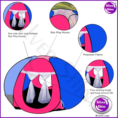 Image of SILVER SHINE Foldable Delightful Patterns Popup Kids Play Tent House For Multi Purpose|PlayTent House for up to 10 YearOld Kids Girls&Boys|Mosquito Net Design Tent for Kids|Multicolor,Tent House Theme