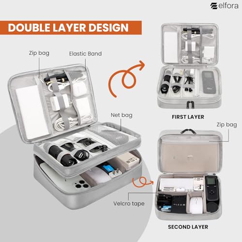 Image of Elfora Double Layer Gadget Organizer Bag | Travel Case for Cables, Charger, Power Bank, Hard Disk & Electronics Accessories | Portable Tech Storage Pouch with Mesh Pockets & Handle Carry Strap (Grey)