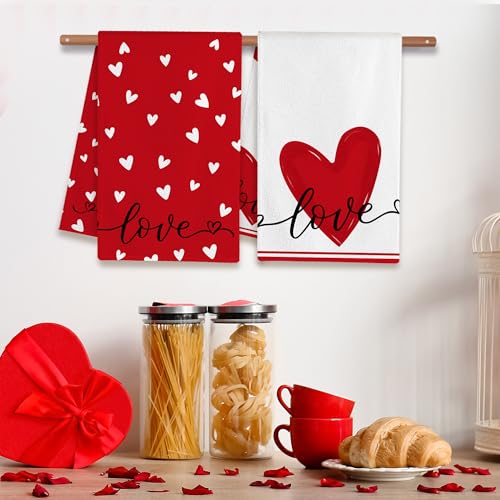 Image of FUTBU Valentines Day Kitchen Towels Set of 2, Red Heart Love Dish Towels 18x26 Inch Drying Dishcloth,Valentine Day Decorations for Home Housewarming Gifts Bathroom