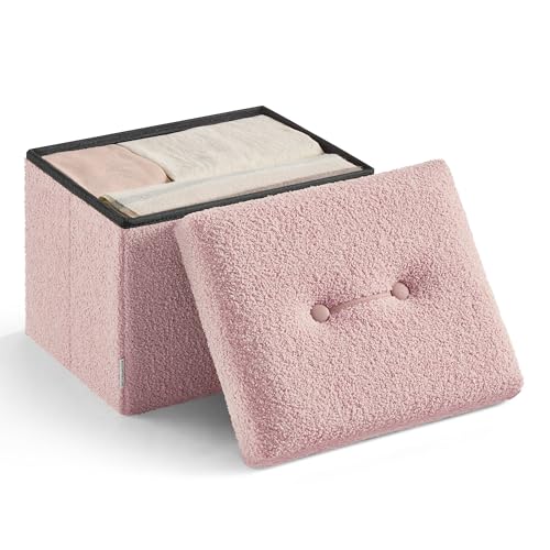 Image of SONGMICS Small Folding Storage Ottoman, Jelly Pink | Foot Rest Stool, 12.2 x 16.1 x 12.2 Inches, 286 lb Capacity, Bedroom, Dorm, ULSF094R01