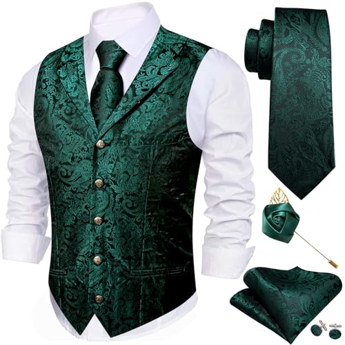 Barry.Wang Mens Silk Lapel/Shawl Collar Vest Tie Sleeve Holder Set Formal/Casual Paisley Vests Wedding Tuxedo Waistcoat