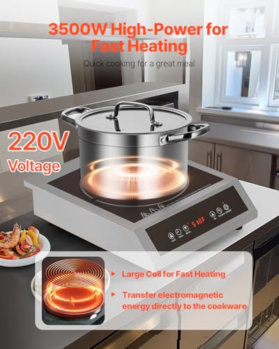 Image of VEVOR Induction Cooktop, 3500W Commercial Induction Burner with 11-Level Temperature, Stainless Steel Countertop Induction Hot Plate with 3H Timer, Child Lock for Restaurant (6-15P Plug, 6-20R Outlet)