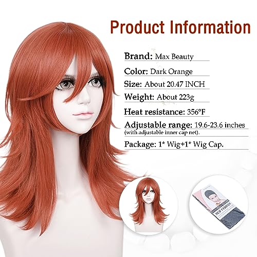 Image of LABEAUTE Anime Dark Orange Wig for Girls Women Cosplay Wig Long Curly Cosplay Wig with Bangs for CSM + Cap