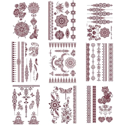 Tatuaggi Temporanei Rossi Marrone 9 Fogli Fogli Di Rosso Pizzo Tatuaggi Temporanei Adesivi Temporanei Per Tatuaggi A Forma Di Mandala Finti Tatuaggi Tattoo Temporanei Arabe Indiane Body Art