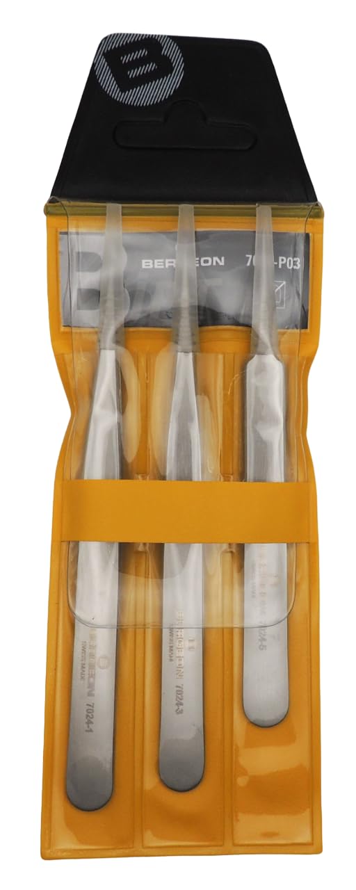 Bergeon 7024-P03 7024-3 7024-5 - Set di 3 pinzette per orologiaio "B-JET" in acciaio antimagnetico, 7024-1 7024-3
